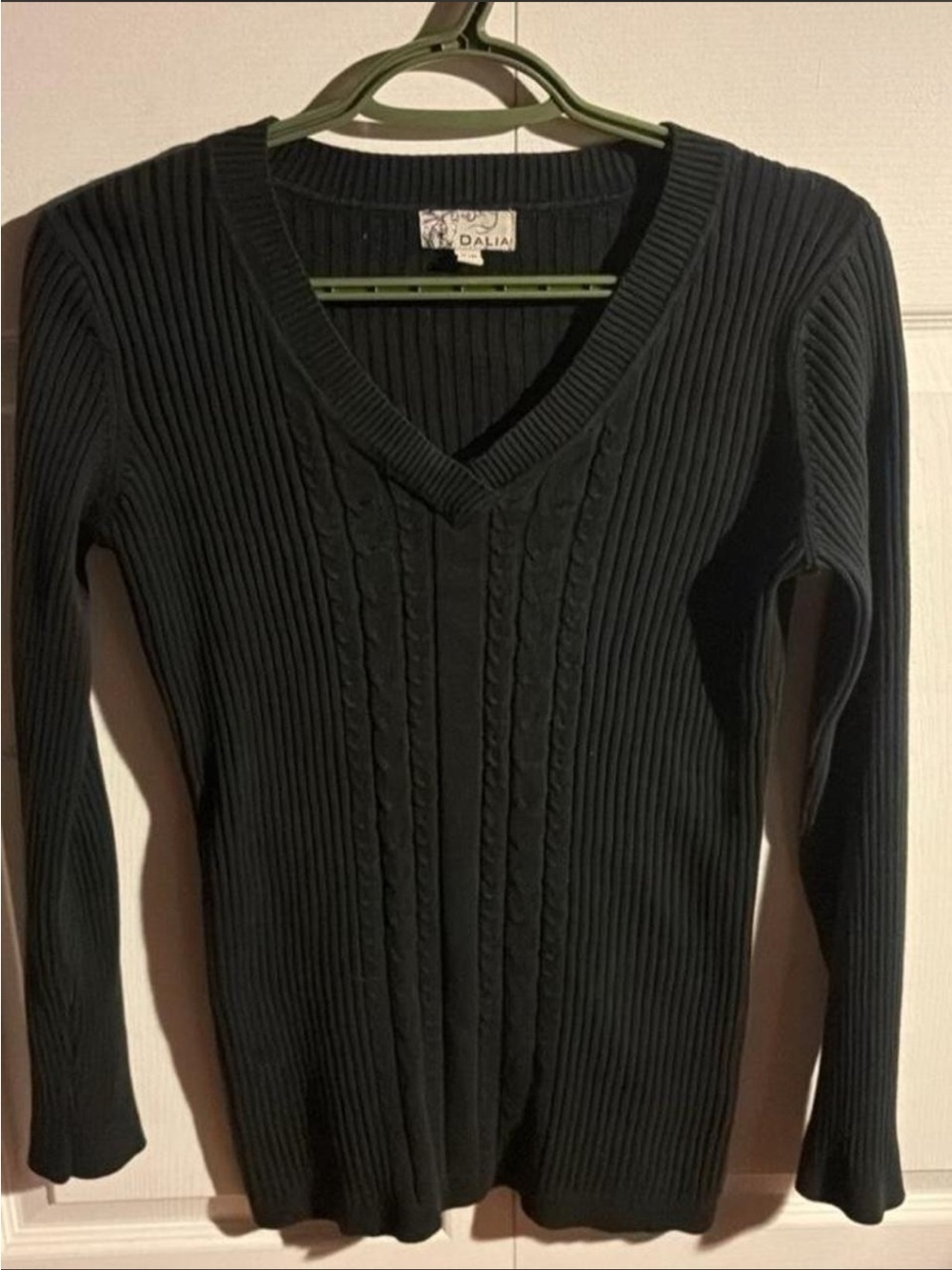 Dalia Black Ribbed Cable-Front V-Neck Sweater